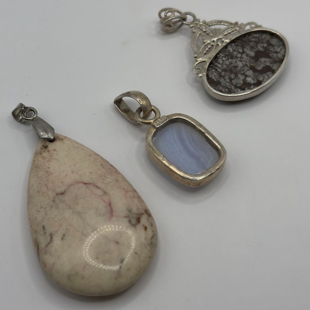 925 Sterling Silver Large Stone Pendant Lot Blue Lace Agate - Picture 4 of 7